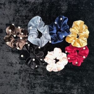 5 Velvet Scrunchies with Faux Pearls